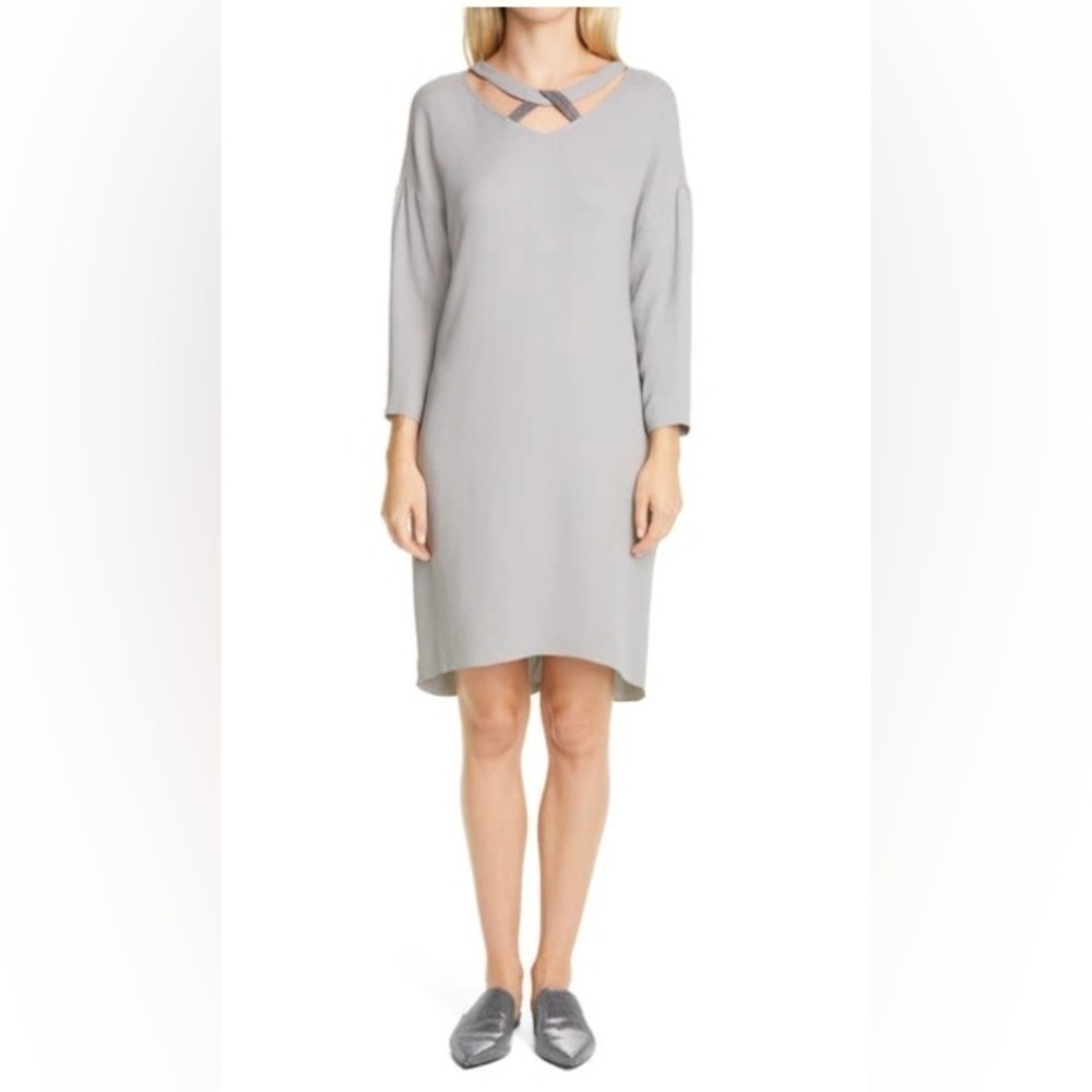 Fabiana Filippi Beaded Knot Neck Shift Dress In Grey Gray Sz XXS